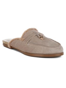 Rag & Co - Beige Real Suede Leather and Faux Fur Slip On Mules
