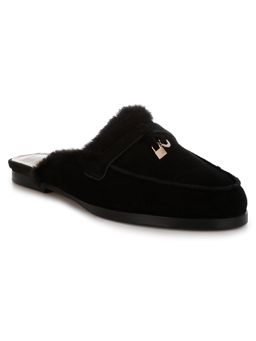 Rag & Co - Black Real Suede Leather and Faux Fur Slip On Mules
