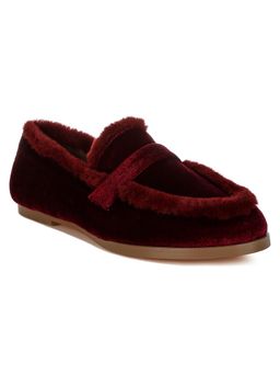 Rag & Co - Maroon Fur Detail Velvet Loafers