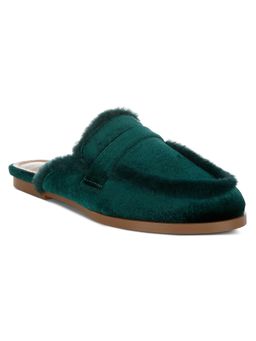 Rag & Co - Green Fur Detail Velvet Slip On Mules