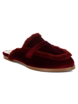 Rag & Co - Maroon Fur Detail Velvet Slip On Mules