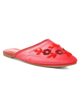 London Rag - Women Red Mesh Sequin Beaded Mules