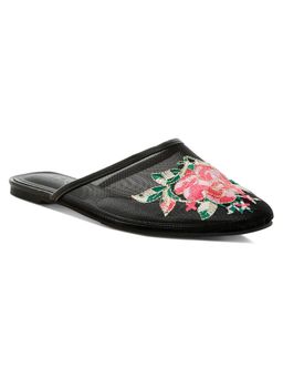 London Rag - Women Black Floral Embroidered Mesh Mules