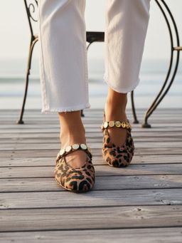 Devano - Animal Print Tan Square Toe Gold Studded Mules