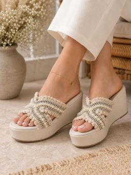 Sandal Stories - Ivory Pearl Bloom Embellished Wedges