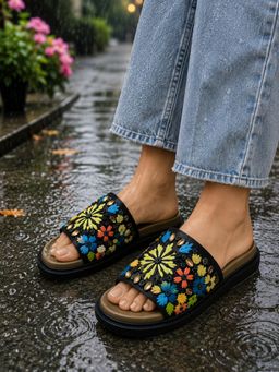 Sandal Stories - Monsoon Midnight Black Embroidered Sliders