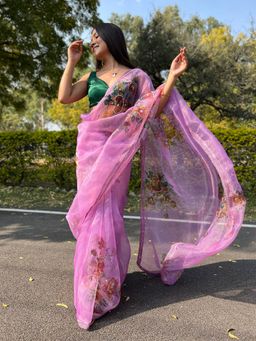Odette - Lavender Organza Printed Saree with Unstitched Blouse