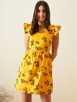 RARE - Women Casual Yellow Colour Above Knee Floral Dress