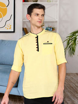 KUONS AVENUE - Yellow Men Linen Cotton Casual Short Kurta