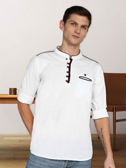 KUONS AVENUE - White Men Linen Cotton Casual Short Kurta