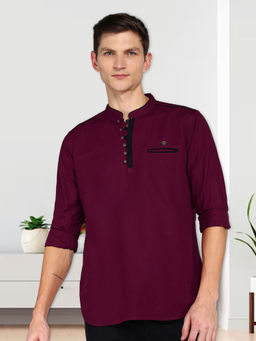 KUONS AVENUE - Maroon Men Linen Cotton Casual Short Kurta