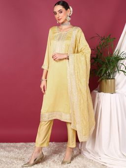 Vaamsi - Women Yellow Silk Blend Embroidered Straight Kurta Trouser with Dupatta (Set of 3)