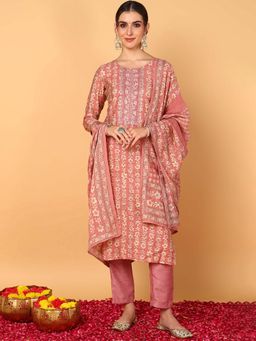Vaamsi - Women Pink Silk Blend Floral Printed Straight Kurta (Set of 3)