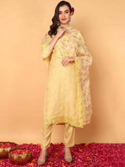 Vaamsi - Women Yellow Organza Floral Embroidered Straight Kurta Trouser with Dupatta (Set of 3)