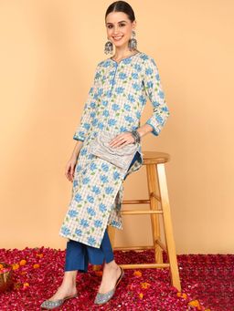 Vaamsi - Women Off White Cotton Floral Printed Straight Kurta