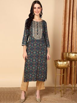 Vaamsi - Women Blue Viscose Rayon Bandhani Printed Straight Kurta