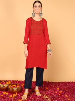Vaamsi - Women Red Cotton Solid Yoke Design Straight Kurta