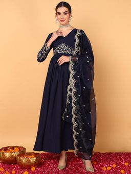 Vaamsi - Women Blue Georgette Embroidered Zari Work Flared Kurta with Dupatta (Set of 2)