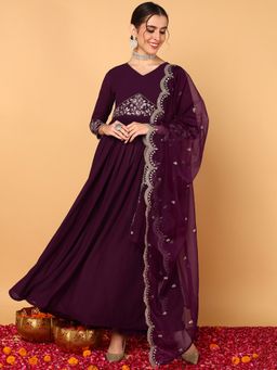 Vaamsi - Women Purple Georgette Embroidered Zari Work Flared Kurta with Dupatta (Set of 2)