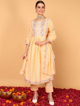 Vaamsi - Women Yellow Pure Cotton Embroidered Flared Kurta Trouser with Dupatta (Set of 3)