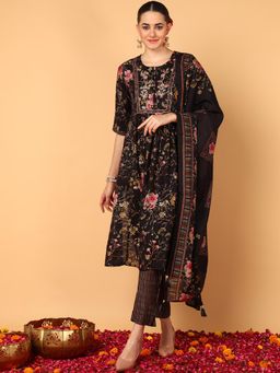 Vaamsi - Women Black Poly Chanderi Floral Printed Flared Kurta Trouser with Dupatta (Set of 3)