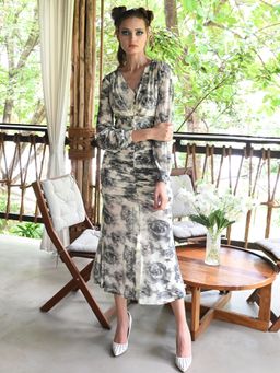 Odette - White And Grey Net Printed Long Bodycon Dress