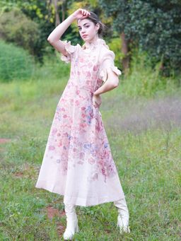 Odette - Pink Printed Polyester Viol Long A-Line Dress