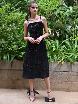 Odette - Black Velvet Embellished Dress With Spaghetti Straps