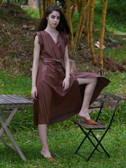 Odette - Brown Pu Solid Overlap Dress