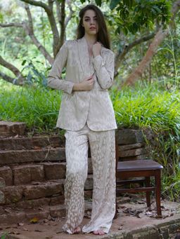 Odette - Beige Self Design Satin Co-Ord Suit For Women (Set of 2)