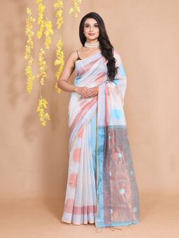 CHARUKRITI - Off White Tissue Handwoven Dual Borders & Floral Zari Pallu Saree with Unstitched Blouse