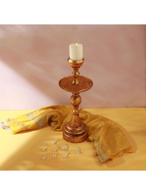 Manor House Dhyaan Wooden Pillar Candle Holder with Gold Foil Finish