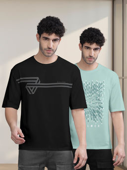 BULLMER - Black , Neo Mint Green Printed Oversized T-Shirts For Men (Set of 2)