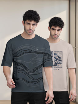 BULLMER - Dark Grey , Beige Printed Oversized T-Shirts For Men (Set of 2)