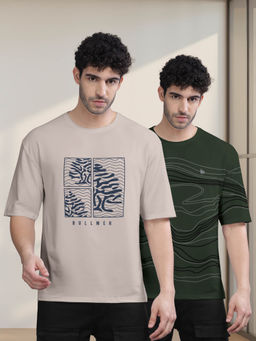 BULLMER - Beige , Olive Printed Oversized T-Shirts For Men (Set of 2)