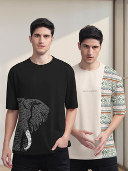 BULLMER - Black , Beige Printed Oversized T-Shirts For Men (Set of 2)
