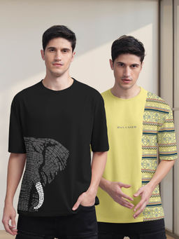 BULLMER - Black , Yellow Printed Oversized T-Shirts For Men (Set of 2)