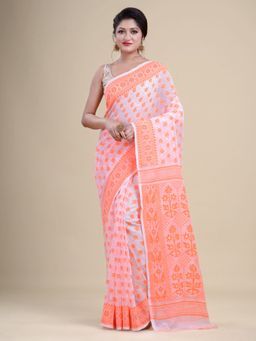LAA CALCUTTA - Floral Orange Cotton Jamdani Saree