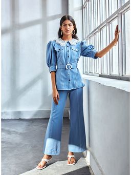 Label Deepika Nagpal - Steel Blue Peter Pan Shirt With Pants (Set of 3)