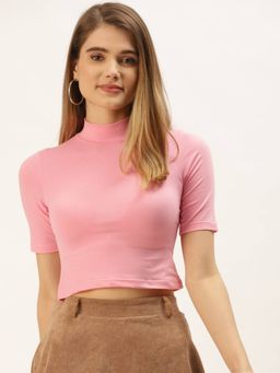 Femea - Baby Pink Solid Cotton Half Sleeves Crop Top