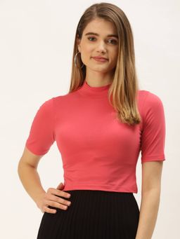 Femea - Hot Pink Solid Cotton Half Sleeves Crop Top