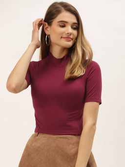 Femea - New Wine Solid Cotton Half Sleeves Crop Top