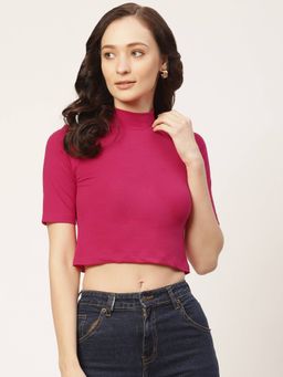 Femea - Magenta Rani Solid Cotton Half Sleeves Crop Top