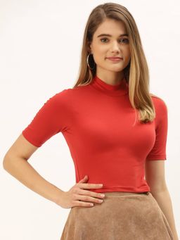 Femea - Tomato Red Solid Cotton Half Sleeves Crop Top
