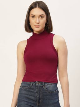 Femea - New Wine Solid Cotton Sleeveless Crop Top