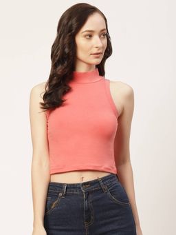 Femea - Peach Solid Cotton Sleeveless Crop Top