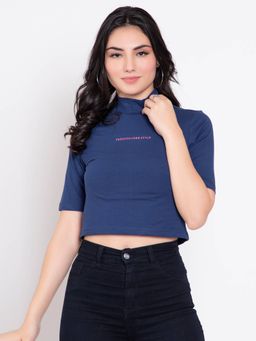 Femea - Navy Extended Sleeves Solid Crop Top