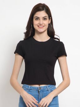 Femea - Black Solid Cotton Round Neck Crop Top