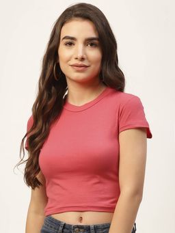 Femea - Hot Pink Solid Cotton Round Neck Crop Top