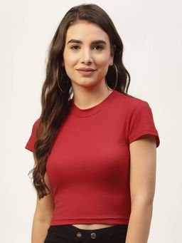 Femea - Tomato Red Solid Cotton Round Neck Crop Top